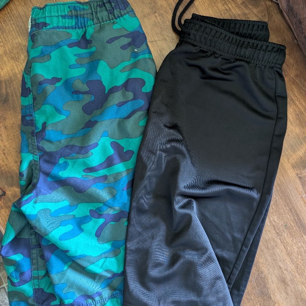 Kids Camo Swim Trunks and Black Basketball Shorts
